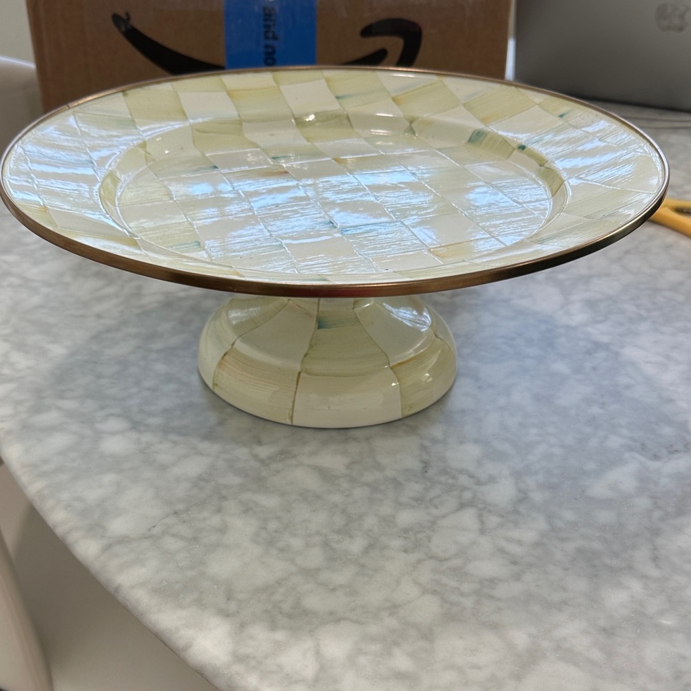 MacKenzie-Childs Cream and Gold Checkered Cake Stand